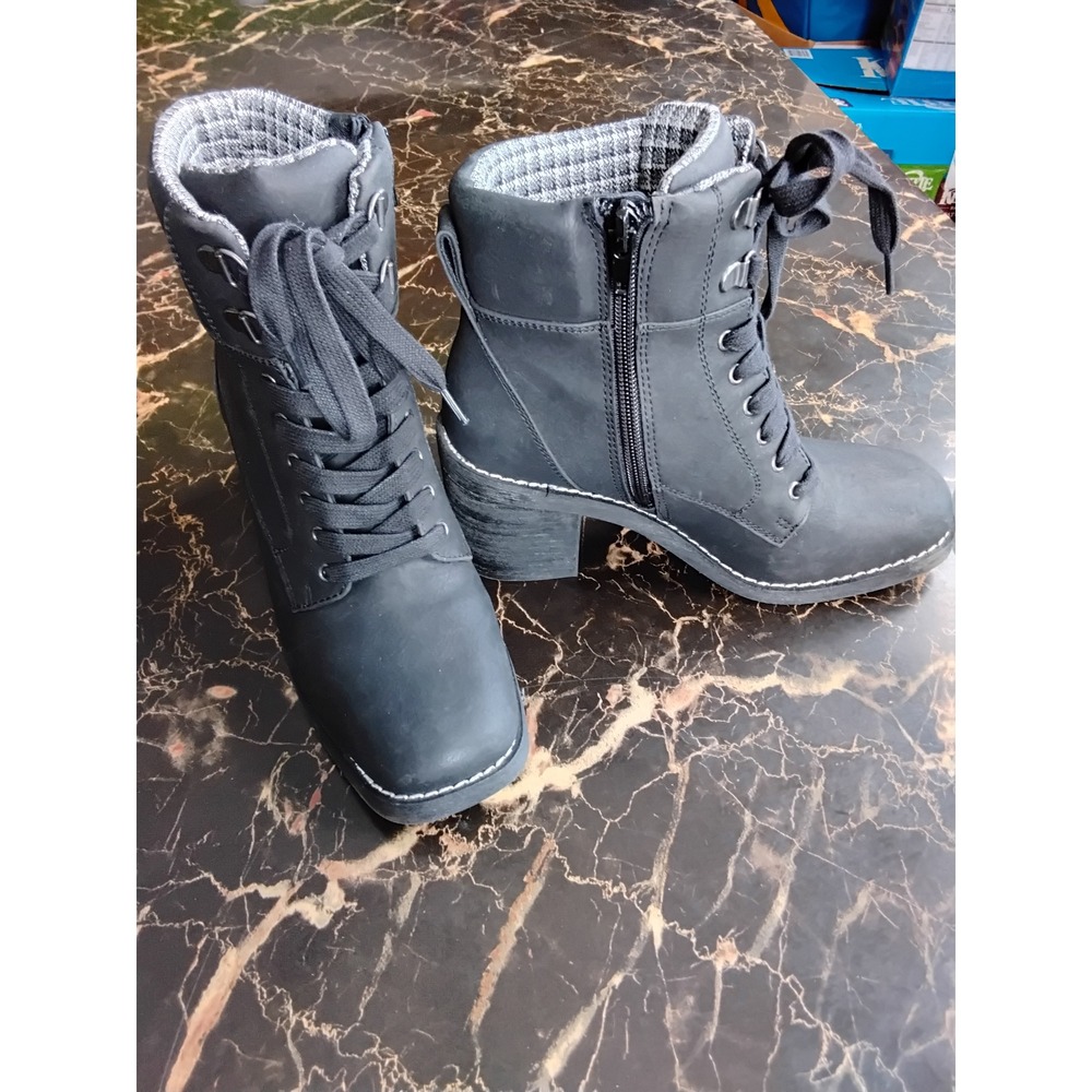 Crown Vintage Womens Black Combat Ankle Boots Plaid Trim Block‎ Heel 6M NWOT - Picture 2 of 7